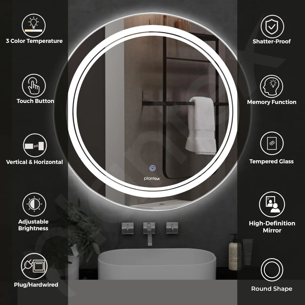 Plantex Glass Mirror With Light With 3 Tone/Touch Wall Mount Mirror For Bedroom/Dressing Room/Living Room - Round Shape (24 Inch), White - Image 5