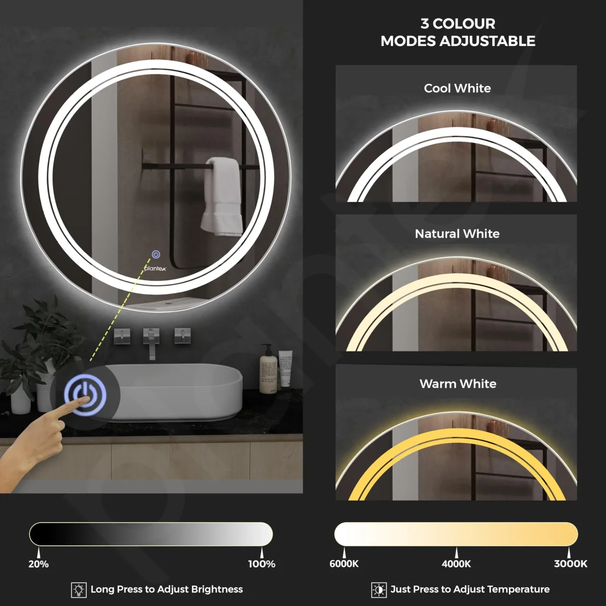 Plantex Glass Mirror With Light With 3 Tone/Touch Wall Mount Mirror For Bedroom/Dressing Room/Living Room - Round Shape (24 Inch), White - Image 6