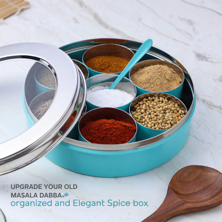 Dudki 7 in 1 Stainless Steel Masala Dabba / Spice Box Aqua - Image 5