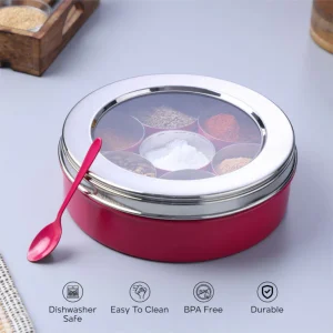 Dudki 7 in 1 Stainless Steel Masala Dabba / Spice Box Rubine Pink